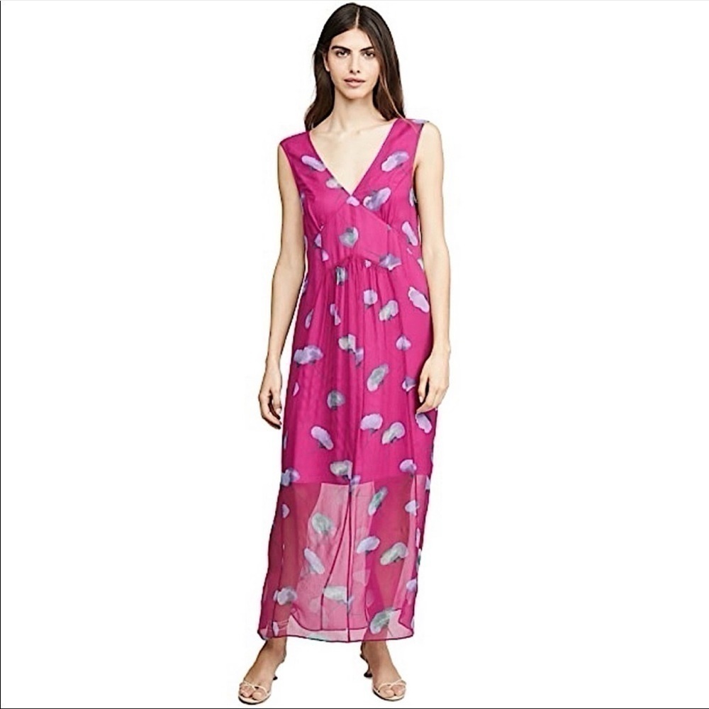 Coach Sleeveless V Neck Floral Print Silk Magenta Maxi Dress Size 4 Women